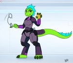 4_toes anthro armor badge body_armor claws clothed clothing cuff_(restraint) feet female handcuffs looking_at_viewer metal_cuffs restraints security security_guard security_uniform simple_background smile solo tail toes uniform drxii kobold_quest niq_(tres) kobold lizard reptile scalie 2019 digital_media_(artwork) hi_res