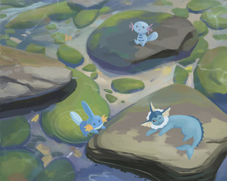 ambiguous_gender blue_body feral group lying male one_eye_closed open_mouth partially_submerged paws rock sitting tail trio water spacecrow63 nintendo pokemon eeveelution generation_1_pokemon generation_2_pokemon generation_3_pokemon mudkip pokemon_(species) vaporeon wooper 2025 hi_res
