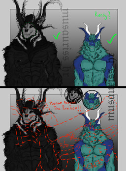 anthro belly black_body black_fur blue_body blue_fur bone duo fur green_eyes horn male male/male muscular nipples piercing skull skull_head teeth text verification white_eyes musauriss face_verification_meme mythology musauriss_(hurion) canid canine canis demon dragon hybrid mammal mythological_creature mythological_scalie scalie wolf absurd_res comic english_text hi_res