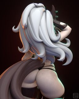 anthro armwear big_butt big_tail black_body black_clothing black_fur black_gloves black_handwear black_legwear black_thigh_highs black_underwear butt clothing ear_piercing elbow_gloves female fur gloves grey_body grey_fur grey_hair hair hand_behind_head handwear legwear long_hair piercing rear_view solo tail thick_thighs thigh_highs underwear white_body white_fur wide_hips katsu_sn hellaverse helluva_boss mythology loona_(helluva_boss) canid canid_demon canine demon hellhound mammal mythological_canine mythological_creature 3d_(artwork) 4:5 absurd_res digital_media_(artwork) hi_res