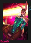 abstract_background anthro big_bulge blue_clothing blue_leotard bow_tie brown_hair bulge bunny_costume claws clothed clothing costume crossdressing detailed_bulge eyelashes eyeshadow fake_ears fake_rabbit_ears finger_claws fishnet_clothing fishnet_legwear frill_(anatomy) genital_outline hair huge_thighs legwear leotard long_tail makeup male multicolored_body multicolored_scales muscular muscular_anthro muscular_male pantyhose pecs penis_outline playboy_bunny purple_eyeshadow red_body red_scales scales short_hair smile snout solo tail tan_body tan_scales teal_eyes teeth text thick_thighs two_tone_body two_tone_scales wide_hipped_anthro wide_hipped_male wide_hips dashlostudios cavemanon_studios i_wani_hug_that_gator damien_payne dilophosaurid dilophosaurus dinosaur hybrid prehistoric_species reptile scalie spinosaurid spinosaurus theropod 2025 artist_name dated digital_drawing_(artwork) digital_media_(artwork) hi_res signature watermark