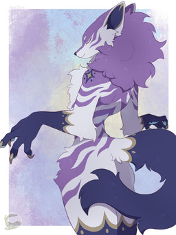 ambiguous_gender anthro blue_pawpads claws eyes_closed finger_claws fluffy fluffy_chest fur golden_claws hair leg_markings markings pawpads purple_body purple_fur purple_hair socks_(marking) solo stripes tail white_body white_fur mochiri canid canine fox mammal absurd_res hi_res