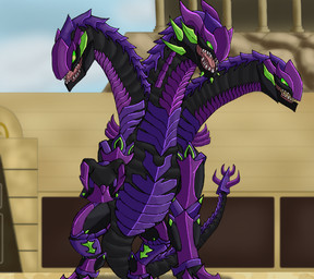 3_heads arena armor armor_plates colosseum female feral multi_head outside raised_arm solo tail shadeominus bakugan bakugan_(series) bakugan_battle_planet european_mythology greek_mythology mythology viloch_(bakugan) dragon generation_2_bakugan hydra mythological_creature mythological_scalie scalie hi_res