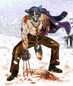 5_fingers anthro belt biped black_belt black_clothing black_footwear black_necktie black_shoes blinking blood blood_on_clothing blood_on_face blood_on_pants blood_on_shirt blood_on_snow blood_splatter blue_body blue_fur bodily_fluids bone bottomwear brown_bottomwear brown_clothing brown_pants buckle christian_cross christian_symbol claw_(weapon) claws clothing coat_cape collared_shirt cross cross_piercing dipstick_tail dotted_necktie dress_shoes ear_piercing exposed_bone eyebrows finger_claws fingers flesh footwear fur gore hunched_over jacket jewelry male markings melee_weapon necktie outside pants piercing plant purple_clothing purple_jacket purple_topwear religion religious_symbol severed_arm severed_body_part severed_limb shirt shoes single_glove snow snowing solo standing surgical_suture tail tail_markings topwear torn_clothing tree violence weapon white_body white_clothing white_fur white_glove white_markings white_shirt white_topwear winter yellow_necktie ya_no_he christianity luzenith_lawchi canid canine canis dire_wolf mammal prehistoric_species wolf animated hi_res loop