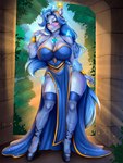 anthro blue_body blue_clothing blue_dress blue_hair blue_legwear blue_stockings blush bracelet breasts cleavage clothed clothing crystal dress female footwear hair high_heels jewelry legwear long_hair looking_at_viewer purple_eyes shoes solo stockings translucent translucent_clothing wide_hips ashimaroo hasbro my_little_pony fan_character equid equine horse mammal pony 3:4 hi_res