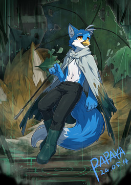 anthro beak black_bottomwear black_clothing black_pants blue_body blue_fur blue_tail bottomwear brown_body brown_clothing brown_fur brown_topwear clothed clothing dipstick_tail duo fur green_clothing green_topwear holding_object holding_umbrella inner_ear_fluff male markings mouth_closed navel open_clothing open_topwear orange_eyes outside pants raining solo solo_focus tail tail_markings topwear tuft umbrella white_body white_clothing white_fur white_inner_ear_fluff white_tail white_topwear yellow_beak papayafurry avian 2024 dated hi_res signature