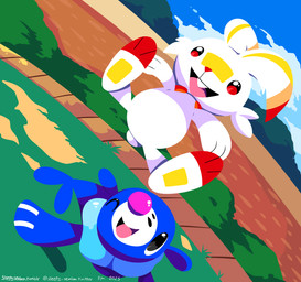 ambiguous_gender anthro black_eyes blue_body buckteeth cloud duo feral fur grass happy markings one_eye_closed open_mouth orange_eyes paws plant shrub sky tail teeth tongue whisker_markings white_body white_fur sleepy_sealion nintendo pokemon generation_7_pokemon generation_8_pokemon lagomorph mammal pokemon_(species) popplio scorbunny 2025 absurd_res dated hi_res signature