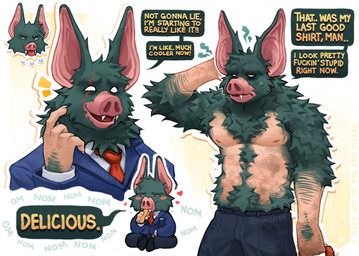 anthro bared_fangs black_bottomwear black_clothing black_pants blep bottomwear claws clothed clothed_anthro clothed_male clothing eating eye_scar facial_scar fully_clothed fully_clothed_anthro fully_clothed_male fur green_body green_fur male male_anthro multiple_poses muscular muscular_anthro muscular_male pants pose scar solo suit text tongue tongue_out topless topless_anthro topless_male white_eyes fungiteh dispatch sonar_(dispatch) bat mammal absurd_res english_text hi_res