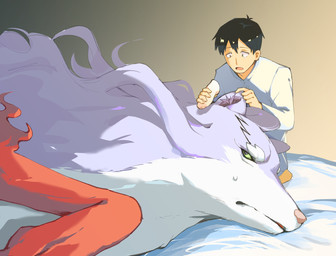 bed_sheet bedding black_hair blue_body blue_clothing blue_shirt blue_topwear bodily_fluids clothing duo feral fur gold_background gradient_background green_eyes hair holding_ear inner_ear_fluff light_body light_skin lying male multicolored_body on_side personal_grooming pink_nose red_paws shirt short_hair simple_background social_grooming sweat sweatdrop topwear tuft wash_cloth white_body white_fur doodle_blue13 campfire_cooking_in_another_world_with_my_absurd_skill mythology fel_(campfire_cooking) mukoda_tsuyoshi canid canine canis human mammal mythological_canine mythological_creature wolf 2025 digital_media_(artwork) digital_painting_(artwork) hi_res painting_(artwork) shaded