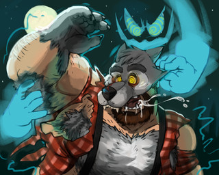alternate_species animal_mask armpit_hair beard bodily_fluids body_hair brown_hair chest_hair clothing disembodied_hand drooling duo facial_hair full_moon ghost_hand hair human_to_anthro hypnosis male mask mind_control moon night open_mouth pattern_clothing pattern_shirt pattern_topwear plaid plaid_clothing plaid_shirt plaid_topwear saliva shirt solo species_transformation spiral spiral_eyes suspenders topwear torn_clothing transformation anothermeekone mythology digsby_bear canid canine ghost human mammal mythological_canine mythological_creature spirit werecanid werecanine werecreature werewolf 2024 5:4 absurd_res hi_res story story_in_description