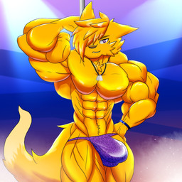 anthro big_muscles bulge clothing fur huge_muscles jewelry male muscular muscular_anthro muscular_male necklace pole solo speedo stripper swimwear yellow_body yellow_fur taiko-sihori canid canine fennec_fox fox mammal true_fox 1:1 hi_res