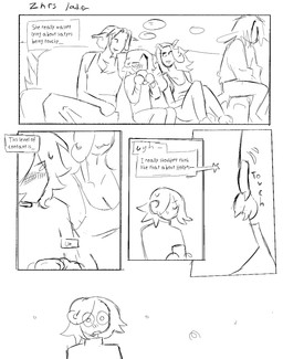 :3 aroused blush blush_lines breasts cleavage clothed clothing dialogue female furniture horn looking_at_cleavage male sofa speech_bubble surprised text hoofcoochie bovid caprine humanoid mammal satyr sheep 2025 comic english_text greyscale hi_res monochrome sketch
