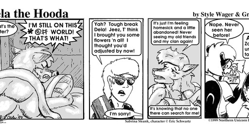 angry anthro bodily_fluids dialogue female fluffy fluffy_tail fur group hair male tail tears text style_wager dela_the_hooda sabrina_online dela_aldershaw dr._zap jake_mcross sabrina_(sabrina_online) canid canine fox halfling hooda human humanoid mammal mephitid skunk 1999 comic english_text greyscale monochrome