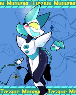 4_fingers anthro biped black_body blue_background blue_ears blue_hair blush clothing cord_tail empty_eyes eyelashes female fingers floating_hands hair machine open_mouth simple_background solo text white_clothing yellow_eyes sakanagashima deltarune undertale_(series) tasque_manager darkner robot 2021 hi_res