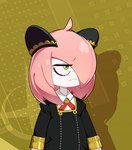 clothing cosplay dress female green_eyes hair pink_hair school_uniform simple_background solo uniform drunk_oak nintendo pokemon spy_x_family anya_forger generation_3_pokemon kirlia pokemon_(species) 2022