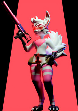 anthro clothing eyewear genitals goggles gun gynomorph heronn intersex legwear penis ranged_weapon real_red_rest solo thigh_highs weapon canid mammal 3d_(artwork) absurd_res digital_media_(artwork) hi_res