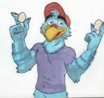 4_fingers anthro baseball_cap beak blue_body blue_feathers clothed clothing egg feathers fingers hat headgear headwear male shirt simple_background solo standing topwear white_background cobaltcerberus adler_(feber12) accipitrid accipitriform avian bird eagle 2019