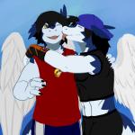 anthro clothing duo feathered_wings feathers hug licking male smile tongue tongue_out wings nameless00 mythology clei dragon mythological_creature mythological_scalie scalie windragon 1:1