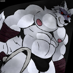 abs anthro arm_wrapping arm_wraps barazoku biceps black_background black_clothing black_underwear bulge clothed clothing facial_markings fur fuzzy grey_body head_markings holding_object holding_weapon looking_at_viewer male manly markings mask_(marking) mostly_nude muscular muscular_male nipples pantsless pecs red_eyes sickle simple_background smile smirk solo standing tail teeth topless underwear weapon white_body white_fur wrapped_arms wraps liondangerous dreamworks mythology puss_in_boots_(franchise) death_(puss_in_boots) canid canine canis mammal wolf 1:1 absurd_res hi_res signature