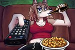 anthro bodily_fluids bottle breasts cleavage clothed clothing container controller crying drinking female food remote_control shirt solo tank_top tears topwear rsbr sipping_beer_on_a_couch_stock_image moze_(rsbr) canid canine canis mammal wolf 2025 hi_res meme