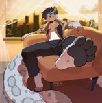 4_toes 5_fingers anthro barefoot blue_eyes claws clothed clothing detailed_background eyebrows eyelashes feet fingers foot_focus male pawpads paws sitting smile solo toes kittydee novus felid leopard mammal pantherine 2022 digital_media_(artwork) hi_res