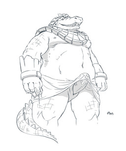 animal_genitalia anthro bodily_fluids bottomwear clothing erection genital_fluids genital_slit genitals humanoid_hands kemono loincloth male moobs navel nipples penis precum simple_background solo white_background ximen99_(artist) crocodile crocodilian reptile scalie 2015
