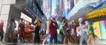 anthro city cityscape cyberpunk detailed_background female group lights male science_fiction street text arctil-noddedur tarin_nailo bat canid canine canis felid fox humanoid mammal pantherine sergal tiger wolf absurd_res english_text hi_res