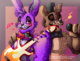 anthro blush bow_(feature) bow_tie brown_body brown_fur duo electric_guitar electronics fur guitar half-closed_eyes heart_symbol machine male microphone music musical_instrument narrowed_eyes plucked_string_instrument purple_body purple_fur red_eyes simple_background smile string_instrument text hiyoko five_nights_at_freddy's scottgames bonnie_(fnaf) freddy_(fnaf) animatronic bear lagomorph leporid mammal rabbit robot 2016 absurd_res digital_media_(artwork) english_text hi_res