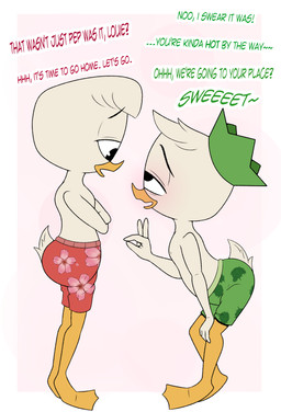 anthro blush clothing dialogue drunk duo male male/male shota simple_background substance_intoxication swimwear text young young_anthro young_male limettin disney ducktales ducktales_(2017) huey_duck louie_duck anatid anseriform avian bird duck absurd_res english_text hi_res brother_(lore) brothers_(lore) sibling_(lore)
