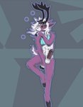 abs anthro antlers balls biped blue_clothing blue_shirt blue_topwear clothing countershading erection foreskin front_view fur genitals geometric_background hair hand_on_shoulder hooves horn long_hair male outline penis pink_body pink_fur pose profile purple_outline shirt simple_background snout solo topwear white_body white_fur white_hair lawyerdog deer mammal digital_media_(artwork) digital_painting_(artwork) full-length_portrait portrait