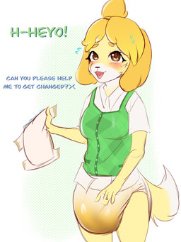 abdl anthro blush bodily_fluids clean_diaper diaper diaper_change_request embarrased_female embarrassed female genital_fluids nervous nervous_sweat peed pooped soiled soiled_diaper solo sweat text unclean_diaper urine used_diaper wet_diaper dairycow animal_crossing nintendo isabelle_(animal_crossing) canid canine canis domestic_dog mammal shih_tzu toy_dog 3:4 english_text hi_res