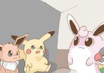 2019 ambiguous_gender blue_eyes brown_body chatot eevee eye_contact generation_1_pokemon generation_4_pokemon get_it_go group looking_at_another neck_tuft nintendo open_mouth peak pikachu pink_body pokemon pokemon_(species) red_cheeks sitting tuft wigglytuff yellow_body