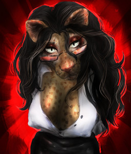 anthro big_breasts big_ears black_bottomwear black_clothing black_skirt bottomwear breasts brown_hair cleavage clothed clothing erect_nipples eyebrows eyeshadow eyewear female glasses glowing glowing_eyes grey_hair hair hands_behind_back latex latex_clothing light light_beam long_hair looking_at_viewer makeup nipple_outline nipples raised_eyebrow red_background red_eyeshadow red_nose rim_light shirt simple_background skirt solo stare tight_clothing topwear white_clothing white_eyes white_shirt white_topwear umbraunderscore felid leopard mammal pantherine absurd_res hi_res