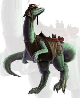 ambiguous_gender blowup_background claws clothed clothing feral green_body group harness hat headgear headwear macro mount nomad saddle simple_background tail topwear vest zoom_layer tsitra360 dinosaur human mammal prehistoric_species reptile scalie 2012