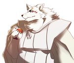 anthro black_nose clothed clothing facial_markings fingers food fruit fur head_markings holding_food holding_fruit holding_object male markings plant scar simple_background solo white_background white_body white_fur abasirisippo gingitsune gintaro canid canine fox mammal 2020