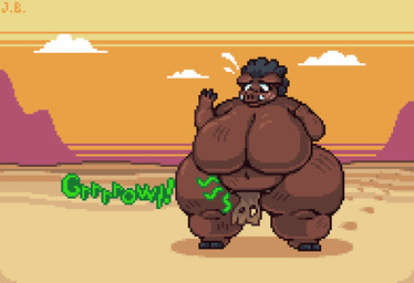 anthro belly big_breasts black_hair bodily_fluids bottomwear breasts brown_body brown_fur clothed clothing desert embarrassed featureless_breasts female flying_sweatdrops footprint fur hair huge_breasts huge_hips huge_thighs hungry loincloth loincloth_only looking_at_self navel obese obese_anthro obese_female onomatopoeia outside overweight overweight_anthro overweight_female rumbling_stomach sand sky solo sound_effects standing sweat sweatdrop text thick_thighs topless topless_female tusks wide_hips jellybru magdalene_(jellybru) mammal suid suine sus_(pig) wild_boar 2023 digital_media_(artwork) pixel_(artwork)