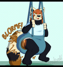 3_toes 4_fingers ambiguous_gender anthro baby_bouncer black_body black_fur black_inner_ear black_nose black_tail blue_clothing blue_shirt blue_topwear blush blush_lines brown_body brown_fur brown_tail brown_tail_tip clothed clothing diaper dipstick_tail feces feet fingers fur heart_symbol inside markings multicolored_body multicolored_fur multicolored_tail narrowed_eyes open_mouth orange_body orange_fur pooping ring_(marking) ringed_tail shirt snaggle_tooth soiled_diaper soiling soiling_diaper solo sound_effects striped_markings striped_tail stripes suspension tail tail_markings tan_body tan_ears tan_fingers tan_fur tan_tail text toes topwear unclean_diaper used_diaper wearing_diaper whisker_spots shadyadi mockthebear ailurid mammal red_panda 2025 artist_name hi_res letterbox signature