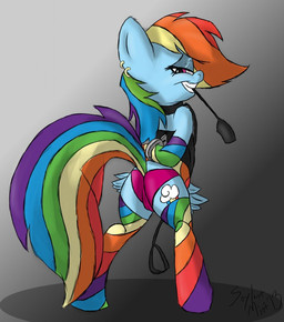 2013 arms_behind_back bdsm bedroom_eyes blue_fur bondage bound camel_toe collar cutie_mark equine female feral friendship_is_magic fur gloves grin hair half-closed_eyes handcuffs horse inviting leash leather looking_at_viewer multi-colored_hair my_little_pony panties pegasus piercing pony purple_eyes rainbow_dash_(mlp) rainbow_hair riding_crop signature smile socks solo soylent_mint thigh_highs underwear wings
Rating: Questionable
Score: 15
User: BASS302
Date: March 18, 2013
