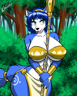anthro big_breasts blue_body blue_eyes blue_fur blue_hair breasts ears_up eyebrows eyelashes female forest fur hair huge_breasts looking_at_viewer open_mouth plant smile smiling_at_viewer solo tail teeth teeth_showing tongue tree white_body white_fur chisheq nintendo star_fox krystal_(star_fox) canid canine fox mammal hi_res