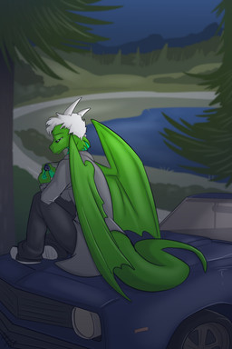 2_horns anthro back_wings biped black_bottomwear black_clothing black_pants bottomwear car clothed clothing coat evergreen_tree eyebrows furgonomic_topwear furgonomics green_body green_scales grey_clothing grey_coat grey_topwear hair half-closed_eyes holding_object horn looking_at_object male membrane_(anatomy) membranous_wings narrowed_eyes night outside pants pine_tree plant scales sitting sitting_on_car solo topwear tree vehicle white_hair wings fuf european_mythology mythology dragon mythological_creature mythological_scalie scalie western_dragon 2019 2:3 hi_res