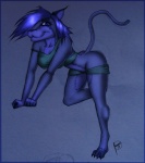 anthro blue_eyes blue_hair clothed clothing female fur hair looking_at_viewer purple_body purple_fur simple_background solo tail krinkels felid mammal