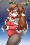 anthro antlers bell breasts brown_hair clothing female hair holidays holly_(plant) horn leotard plant red_nose snow solo shitsu_kushi-mono christmas deer mammal new_world_deer reindeer 2018 2:3 absurd_res hi_res