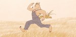 anthro armpit_hair barefoot blonde_hair blonde_mane blue_clothing blue_overalls body_hair brown_body brown_fur clothing feet field fur hair male mane nipples overalls solo tan_sky wheat_field cseed equid equine horse mammal