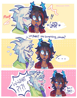 2_horns anthro antlers black_hair blue_antlers blue_nose blush brown_body brown_fur clothed clothed_anthro clothing cross cross_ear_piercing cross_piercing dialogue duo eyewear female flannel_shirt fully_clothed fully_clothed_anthro fur glasses hair horn kissing_cheek love male male/female philtrum piercing romantic romantic_couple surprised text wearing_glasses white_body white_fur wide_eyed dessoirprinces deltarune undertale undertale_(series) asriel_dreemurr dess_holiday bovid caprine deer goat mammal new_world_deer reindeer english_text hi_res