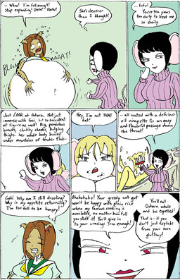 abdominal_bulge anthro asian_clothing belly big_belly bloated bodily_fluids bottomless breasts burping clothed clothing crop_top dialogue dripping drooling east_asian_clothing female group huge_belly inflated_belly inflation japanese_clothing japanese_school_uniform overweight saliva saliva_drip school_uniform serafuku shirt speech_bubble stuffing sweater temptation text topless topwear trio turtleneck uniform s.sakurai felid mammal mouse murid murine rodent comic english_text