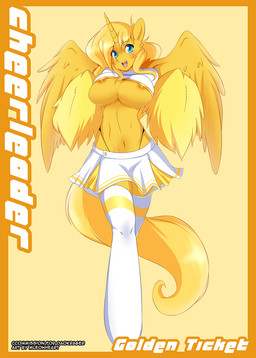 anthro areola areola_slip big_breasts blush breasts cheerleader clothed clothing feathered_wings feathers female horn midriff navel skimpy solo under_boob wings mleonheart hasbro my_little_pony mythology fan_character golden_ticket equid equine mammal mythological_creature mythological_equine winged_unicorn 2014 digital_media_(artwork) hi_res source_request