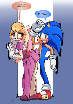 age_difference anthro big_ears blue_body blue_fur blush bodily_fluids clothed clothing duo embarrassed female floppy_ears fur gloves green_eyes hair handwear long_ears lop_ears male male/female mature_anthro mature_female nervous nervous_smile nervous_sweat open_mouth penis_captivus rubbing simple_background size_difference stuck stuck_together sweat sweatdrop tail text thick_thighs through_wall tight_fit xao_art sega sonic_the_hedgehog_(series) sonic_the_hedgehog vanilla_the_rabbit eulipotyphlan hedgehog lagomorph leporid mammal rabbit absurd_res english_text hi_res