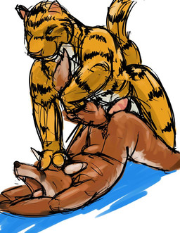 anal anal_penetration anthro blue_background duo eyes_closed forced forced_anal fur genitals hand_on_another's_head male male/male nude nude_male open_mouth orange_body orange_fur penetration penis raised_tail rape sex simple_background smile tail teeth tongue white_background jeri_kleinlowe canid canine felid fox mammal pantherine tiger 2010 colored guide_lines