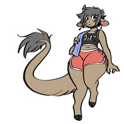 3_fingers ambiguous_gender anthro big_tail biped black_chest_binder black_clothing black_topwear bottomwear broken_horn brown_body brown_fur chest_binder claws clothed clothing dolphin_shorts fingers fur grey_hair grey_horn hair holding_object holding_towel hooves horn looking_at_viewer midriff navel open_mouth raised_leg red_bottomwear red_clothing red_shorts short_hair shorts simple_background solo standing tail teeth text text_on_chest_binder text_on_clothing text_on_topwear topwear towel towel_on_shoulder underwear white_background manitka manitka_storm bovid bovine cattle mammal 1:1 2025 digital_media_(artwork) hi_res