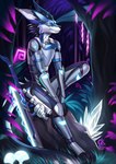 anthro blue_body blue_fur clothed clothing fur green_eyes hair male solo white_body white_fur gaiawolfess malakhael 2023 digital_media_(artwork) hi_res